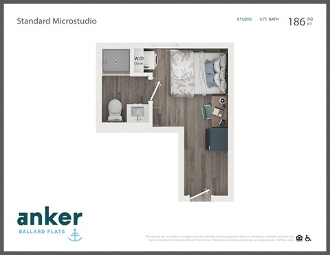 Floor plan for studio, 1 bath, 200 sqft